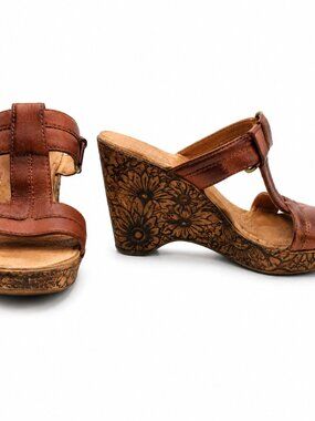 Born Leather Floral Wedge Sandals Size 7